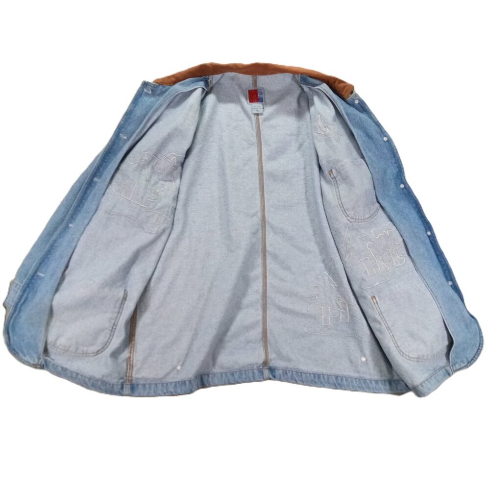 Vintage Sun Belt Denim Chore Coat Women XL Barn Jacket Embroidered Trees Cabin - Picture 9 of 15